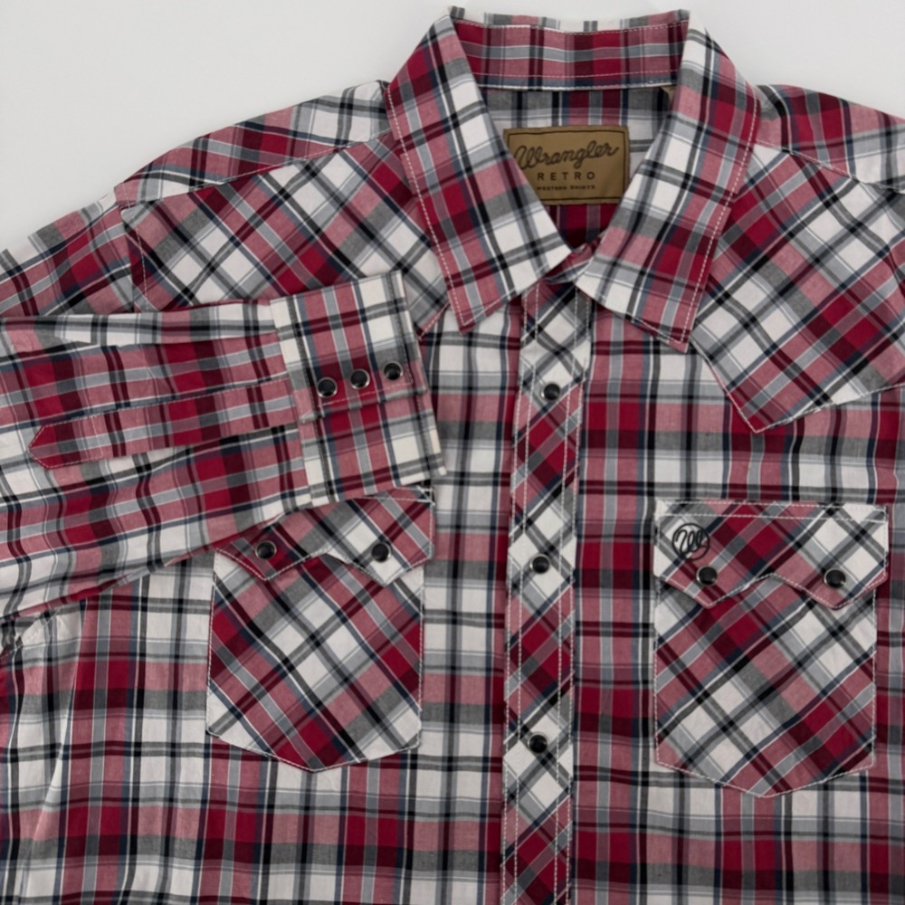 Wrangler Retro Western Shirt Mens XL Red White Plaid Pearl Snap Long Sleeve